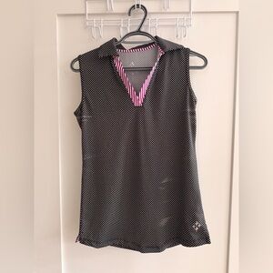 Jofit Black and White Polka Dot Sleeveless V-Neck Tank with Pink Stripe Trim
